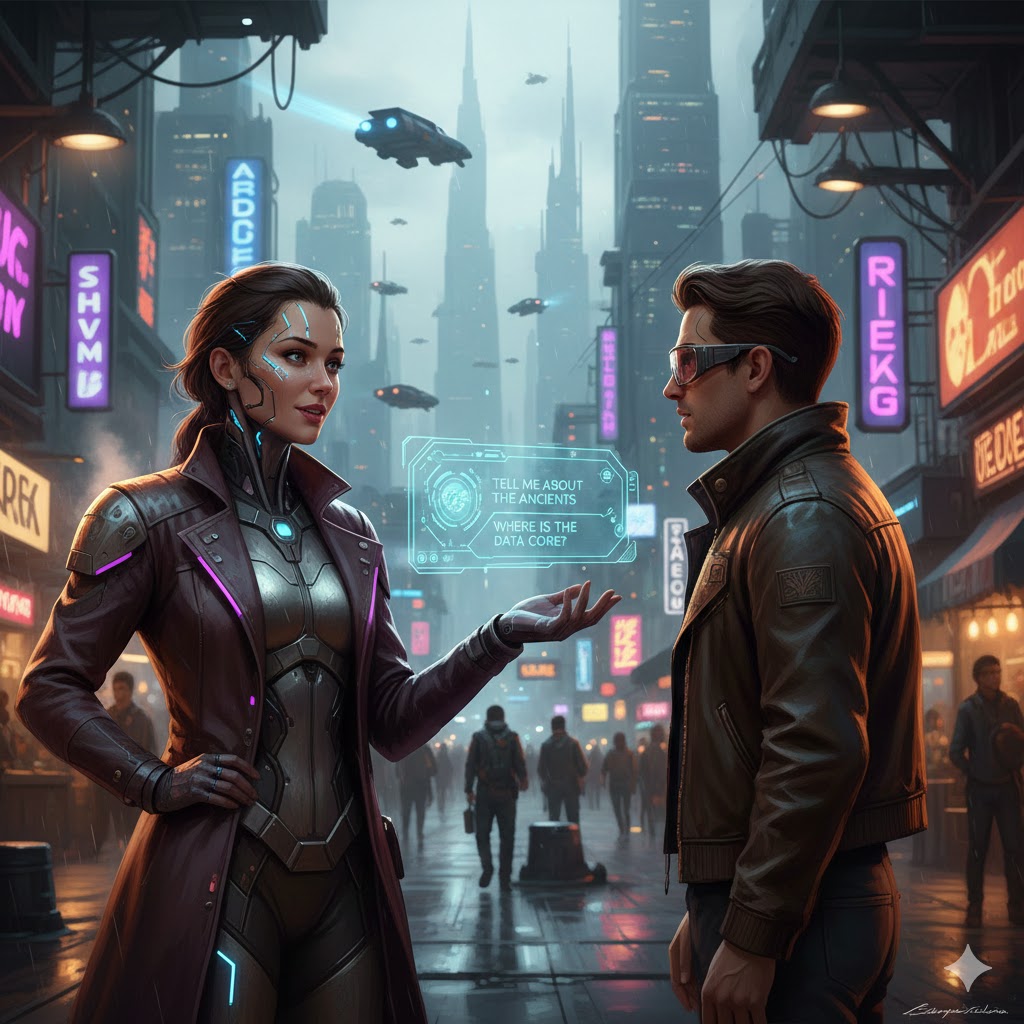 AI-powered NPC having a natural conversation with a player in a role-playing game